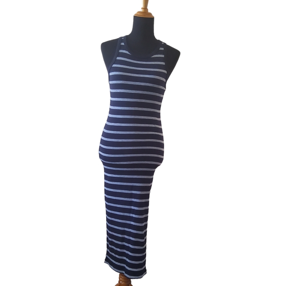 Michael Stars Striped Tight Bodycon Tank Midi Knit Dress Size XS Navy Blue Grey